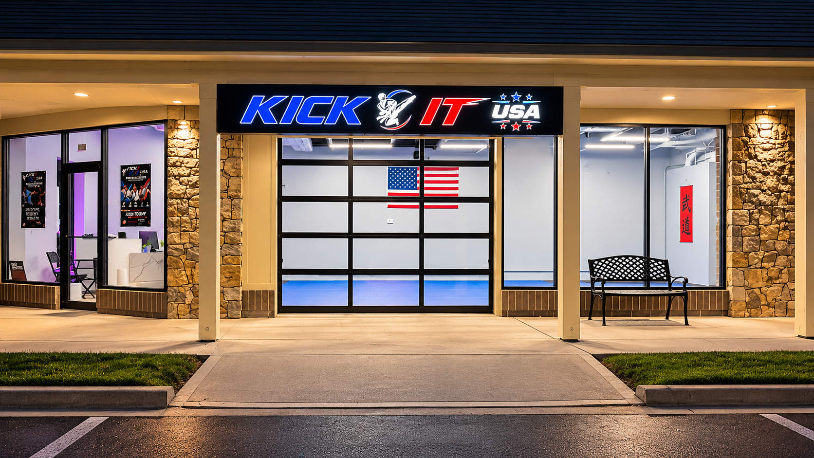 Kick It Taekwondo USA storefront lit up at dusk in Lee's Summit, Missouri